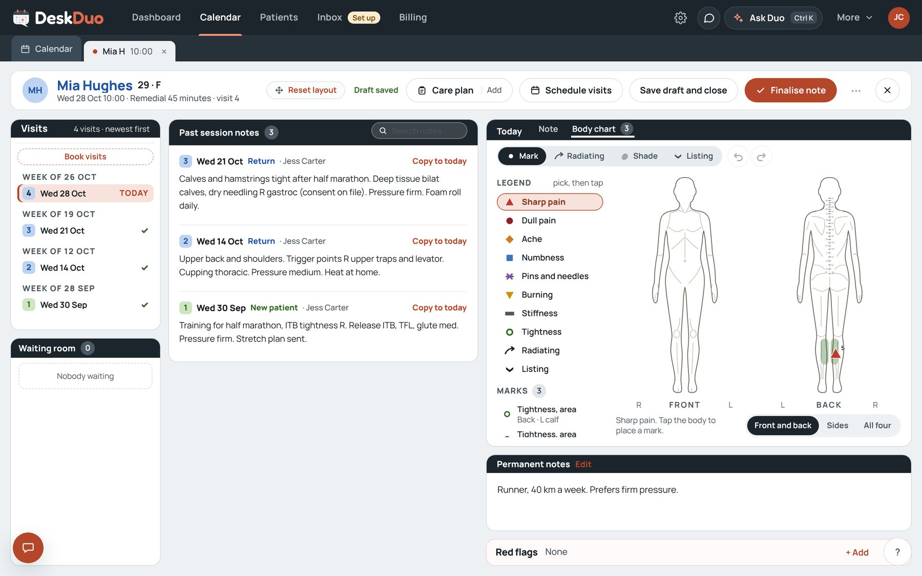 A myotherapy note on the body chart