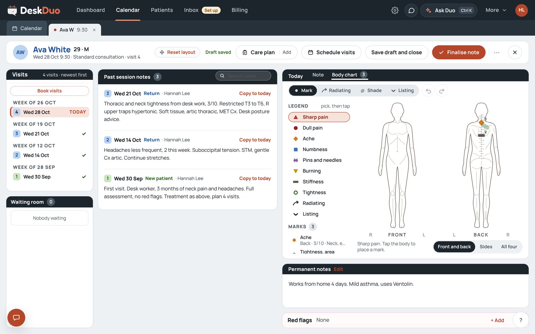 An osteopathy note on the body chart